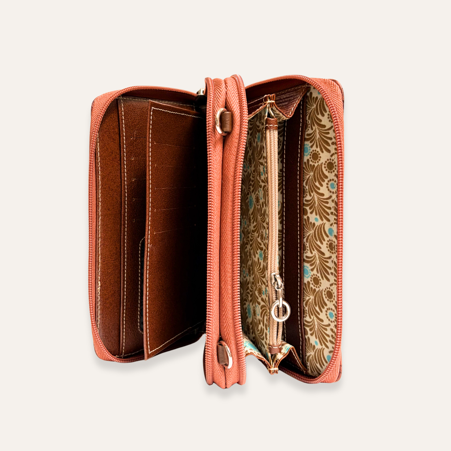 Billetera grande con correa miel flores