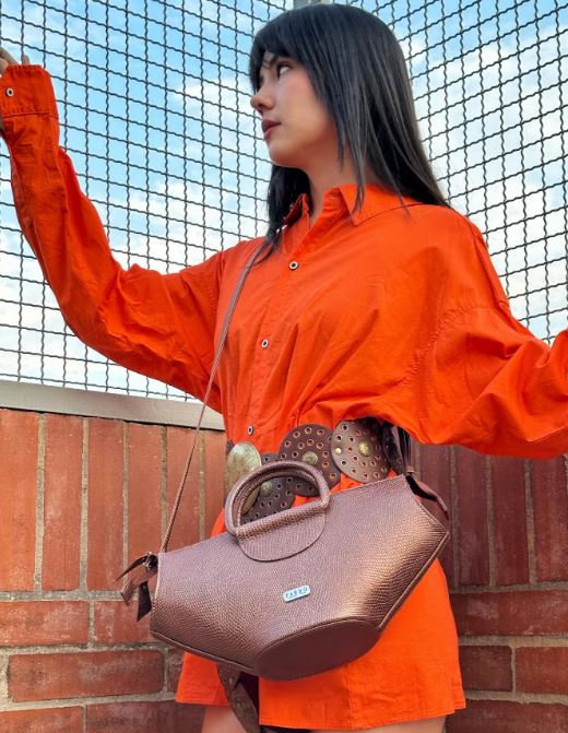 Cartera aro media luna cafe metalizado