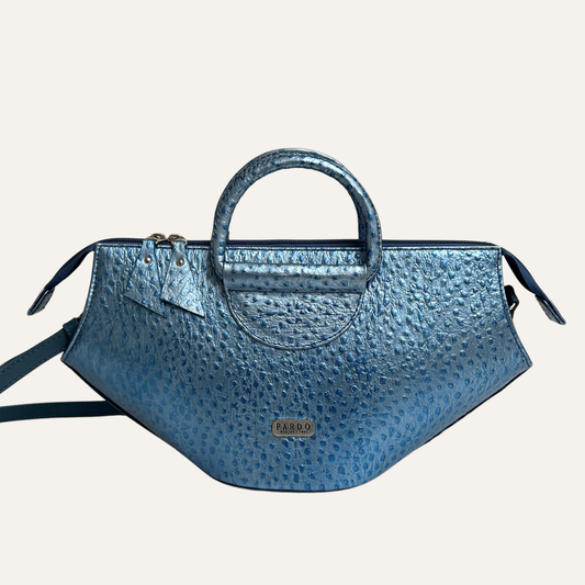 Cartera abanico satchel en cuero grabado avestruz azul metalizado