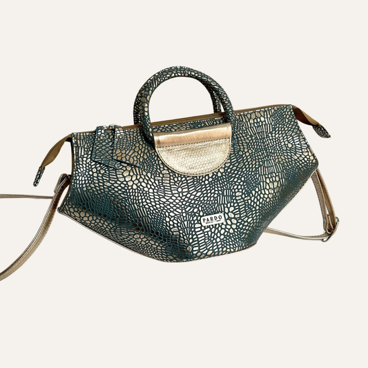 Cartera abanico satchel en cuero folia carey azul dorado