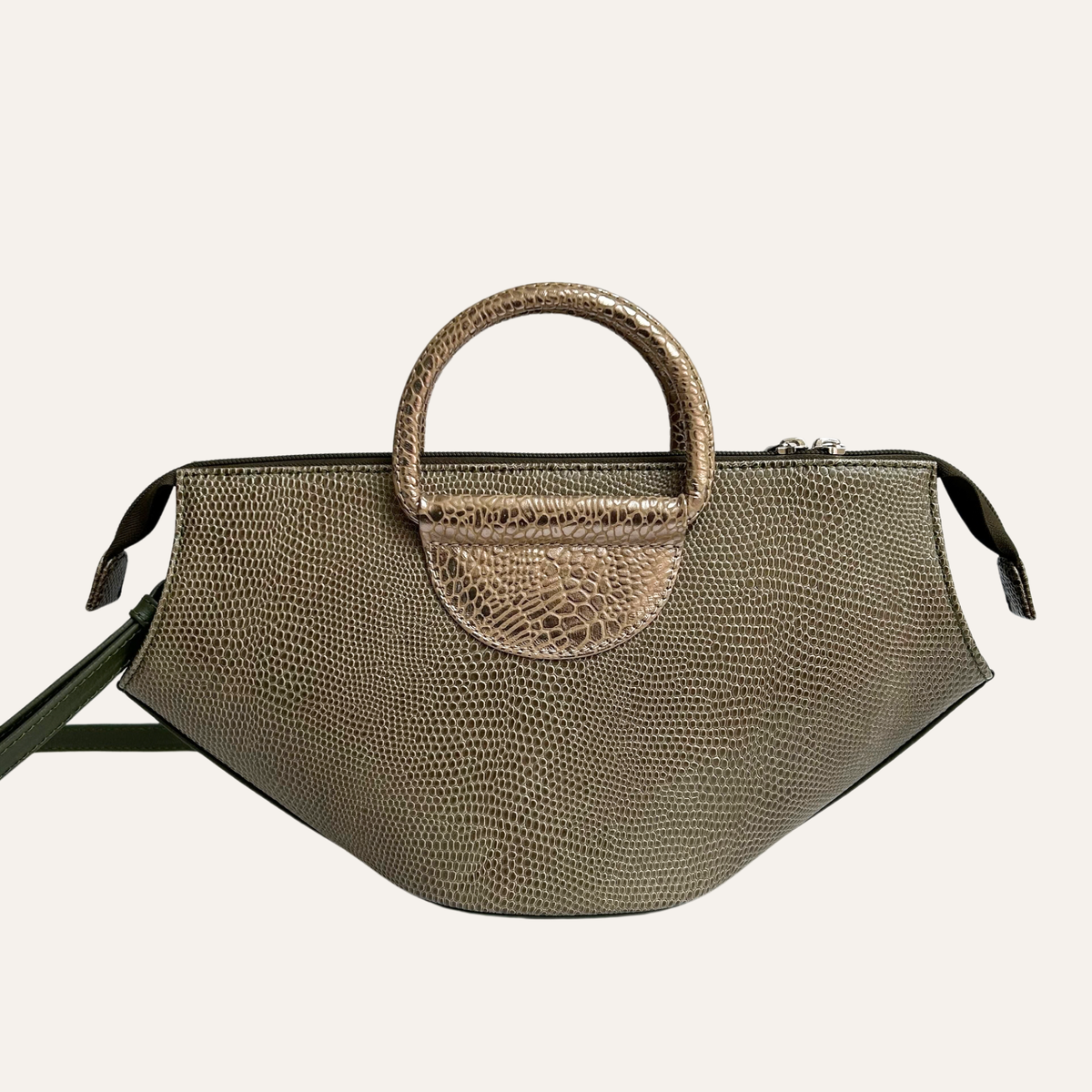 Cartera abanico satchel en cuero verde oliva