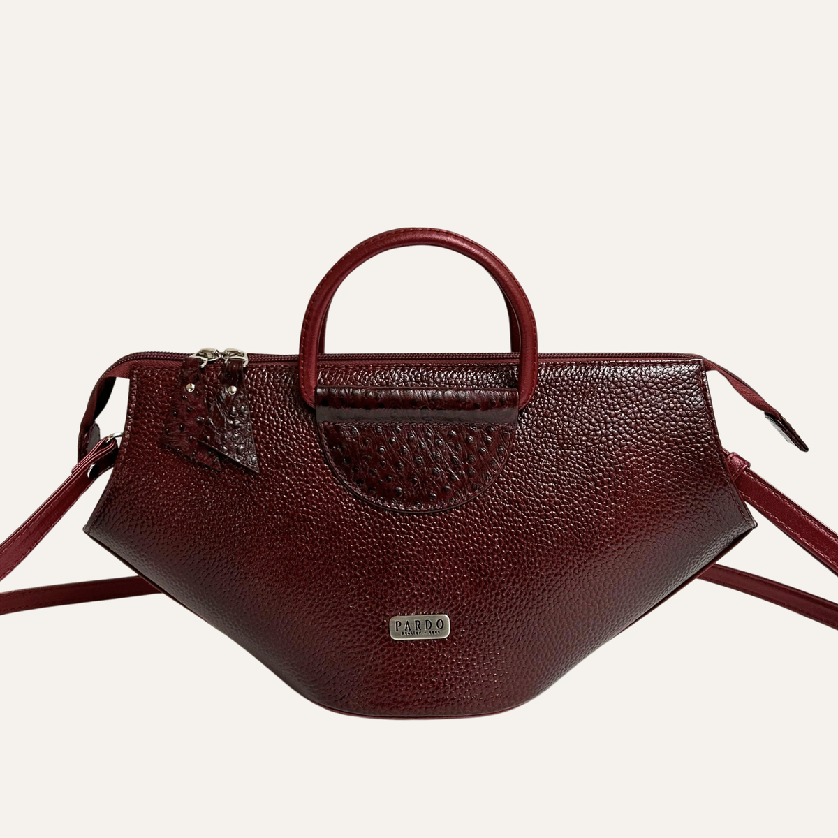 Cartera abanico satchel en cuero burgundy