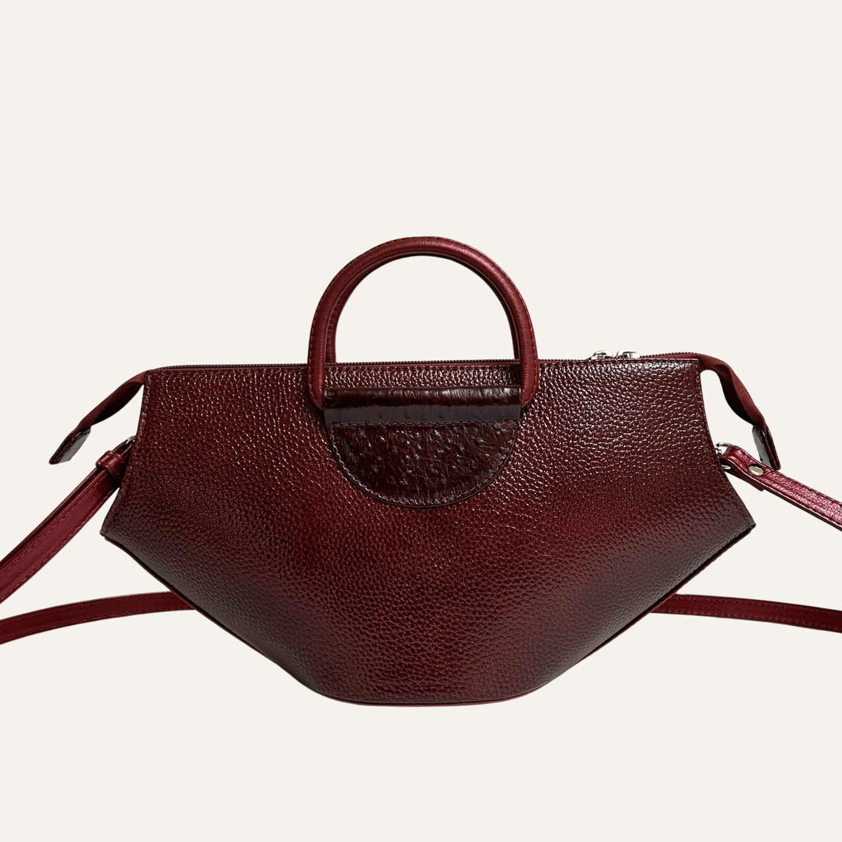Cartera abanico satchel en cuero burgundy