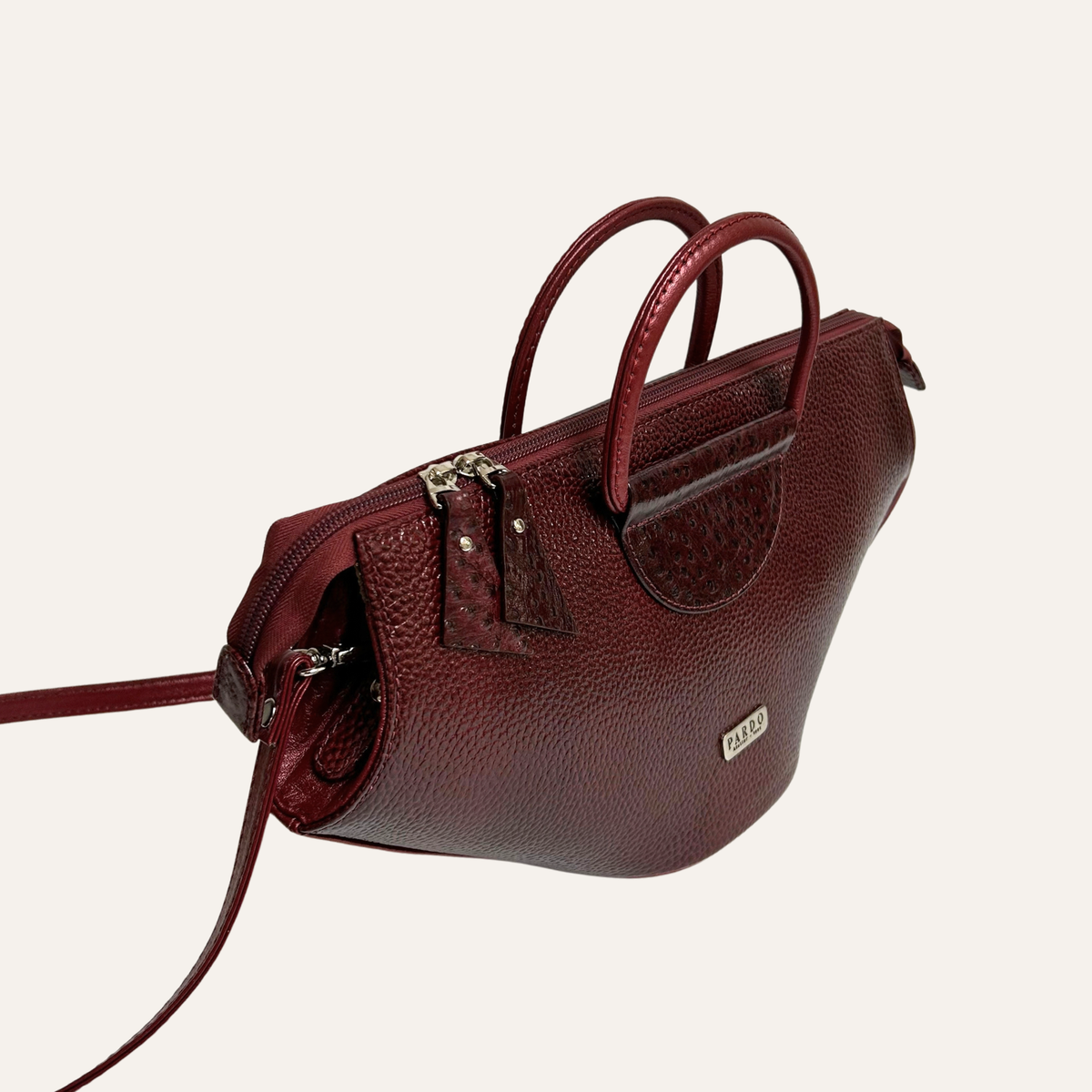 Cartera abanico satchel en cuero burgundy