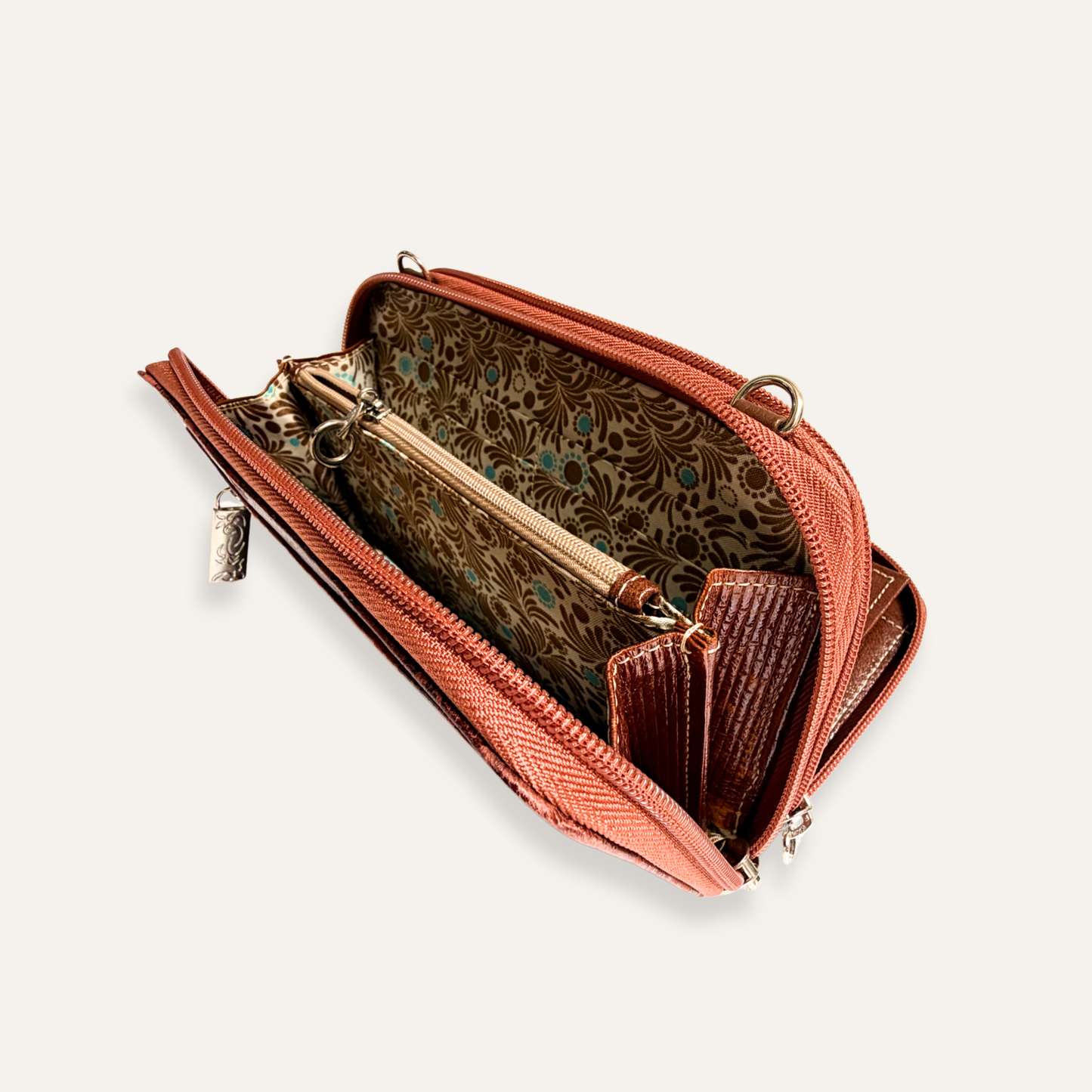 Billetera grande con correa miel flores