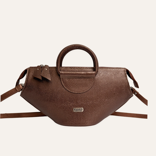 Cartera aro media luna cafe metalizado