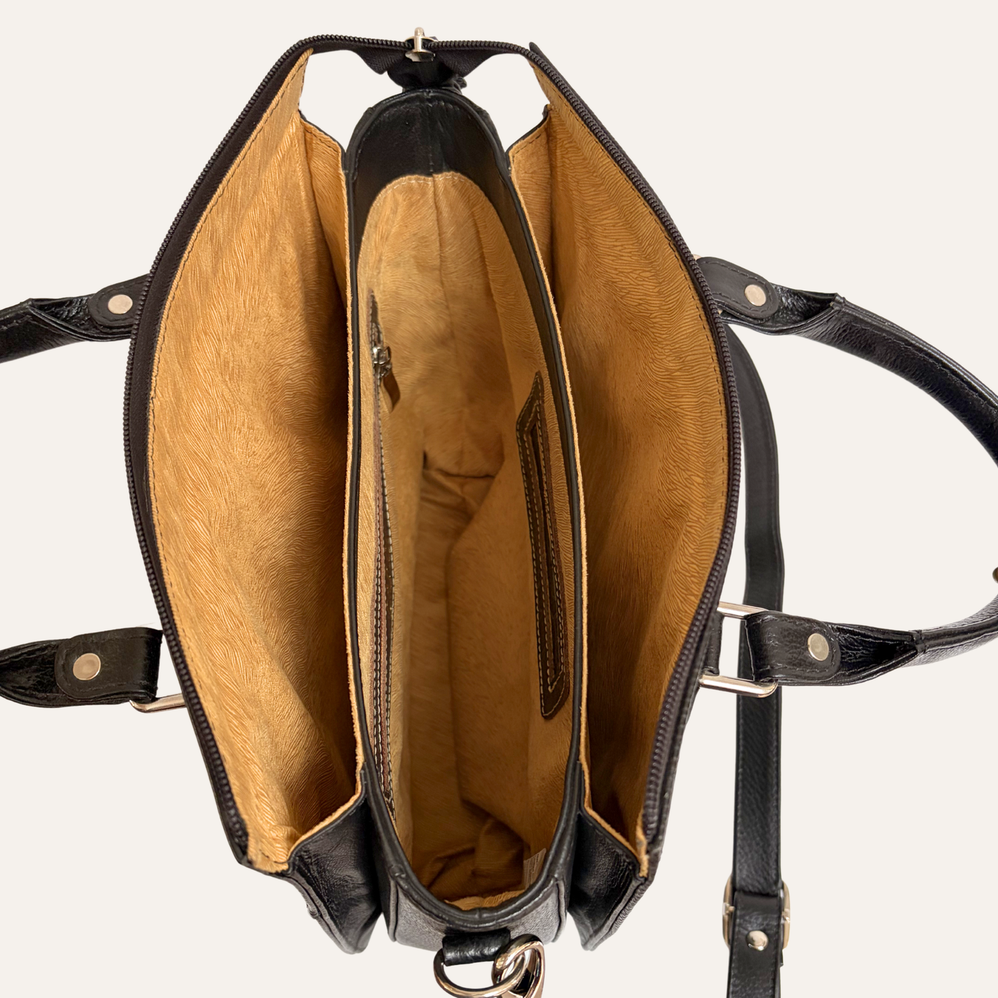 Bolso de mano multicompartimientos mostaza y marmolado