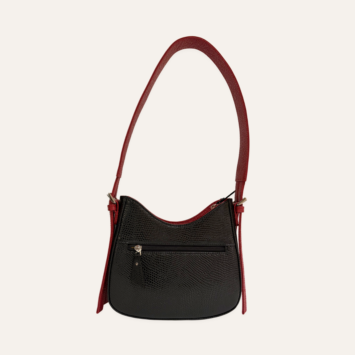 Bolso media luna mediano negro con rojo