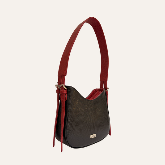 Bolso media luna mediano negro con rojo