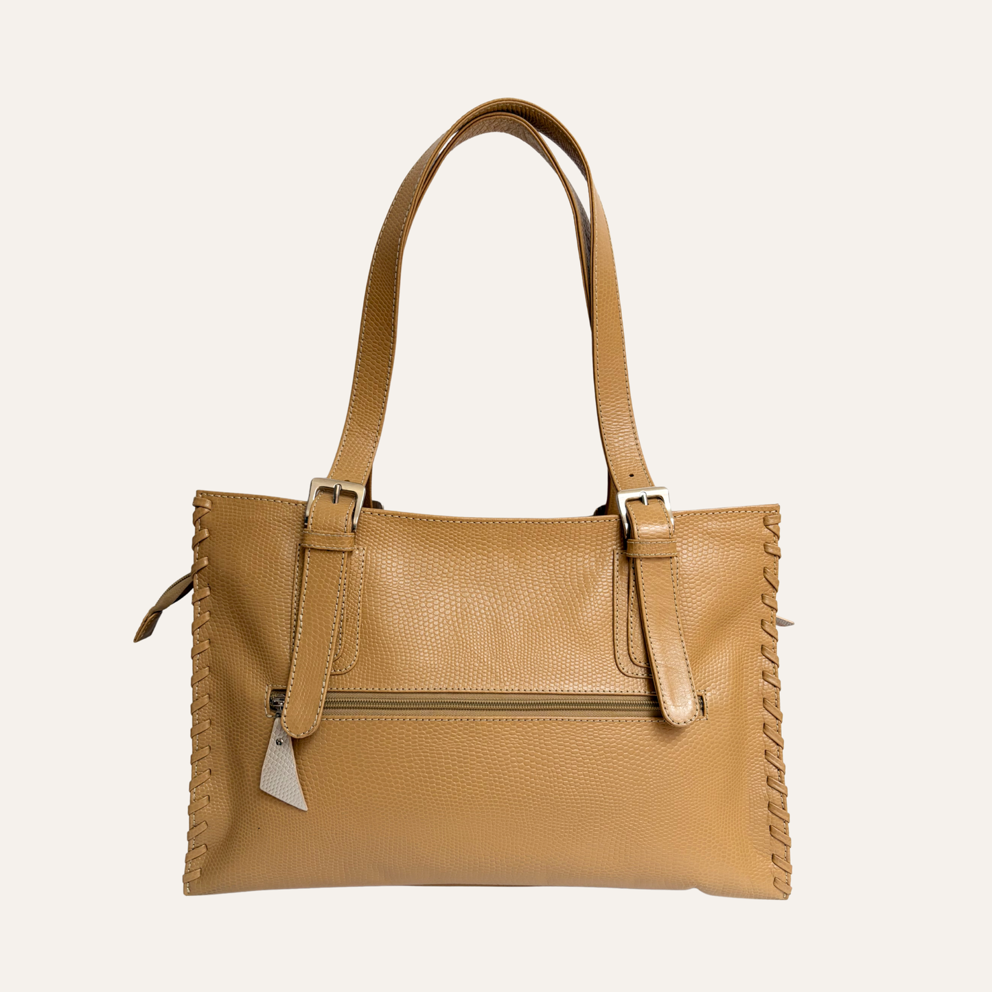 Tote detalle tejido beige marmolado con mostaza