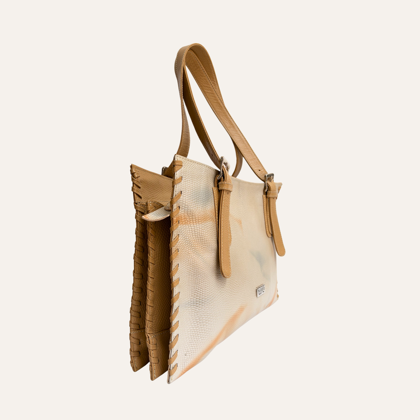 Tote detalle tejido beige marmolado con mostaza